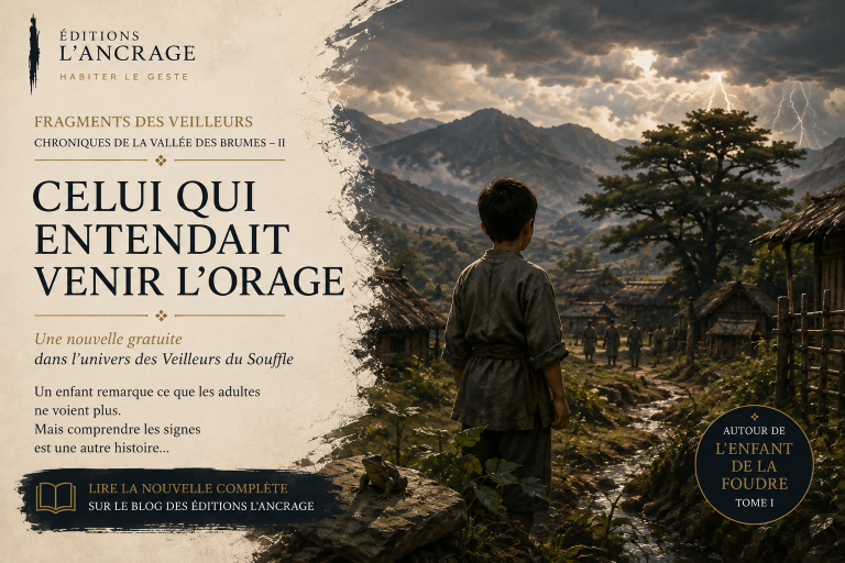 Un enfant observe un orage approcher de la Vallée des Brumes dans Celui qui entendait venir l’orage, nouvelle des Veilleurs du Souffle