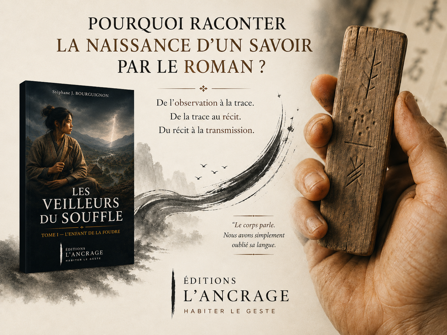Couverture de L’Enfant de la Foudre et main tenant une lamelle de bois, illustration de la naissance et de la transmission d’un savoir